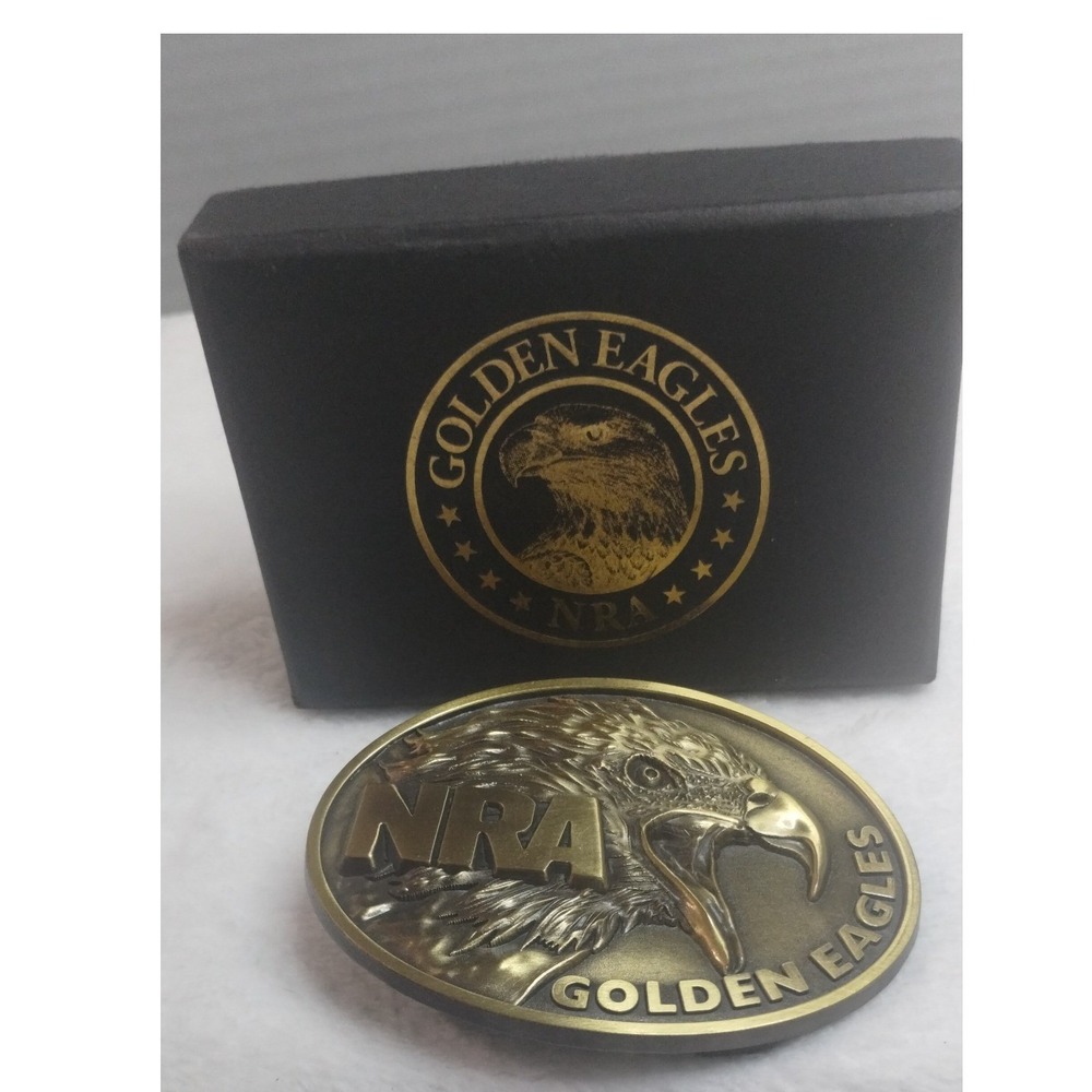 NRA Golden Eagles Belt Buckle Brass Tone Oval Eagle Head Logo with Box Bin 4